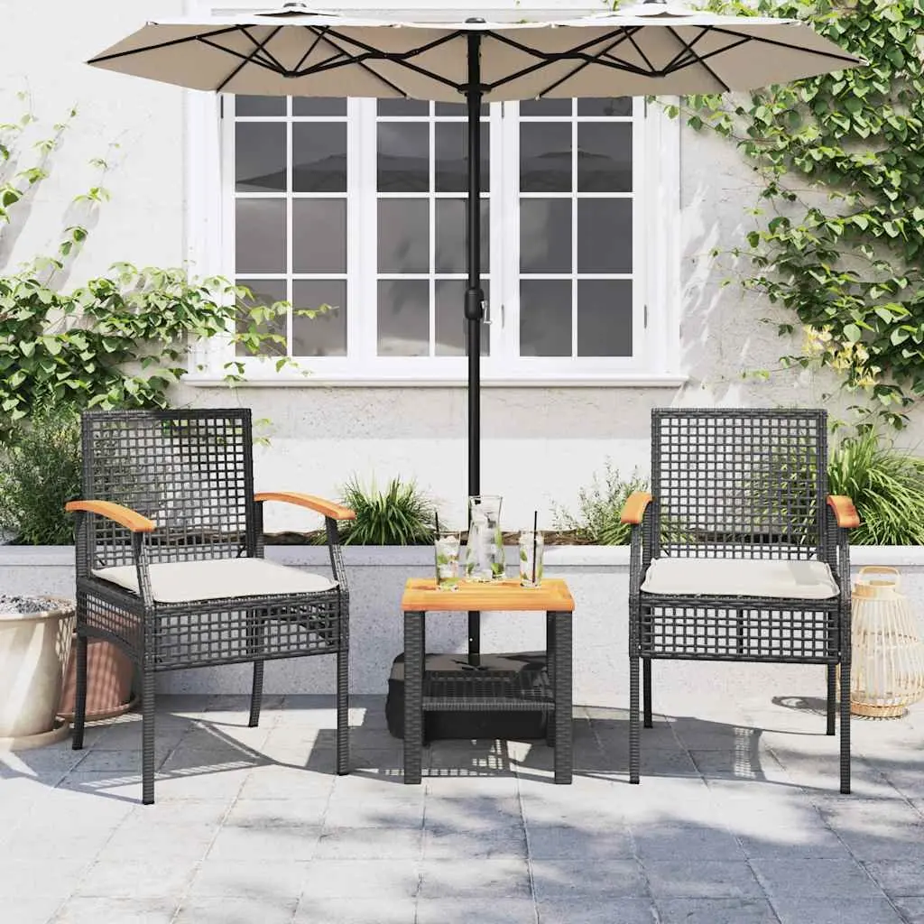 3 Piece Outdoor Bistro Set Black PE Rattan Acacia Wood Table Chairs Cushions