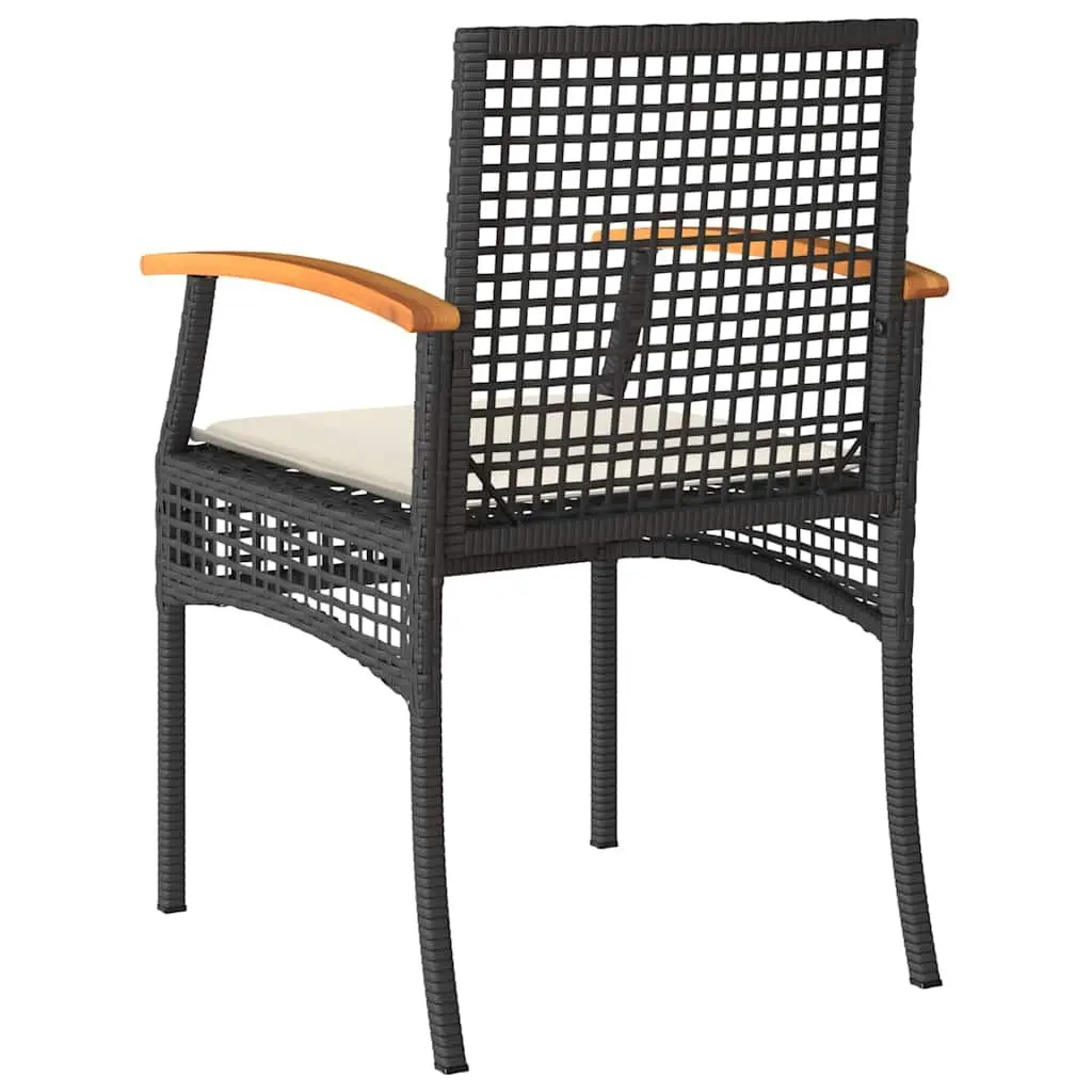 3 Piece Outdoor Bistro Set Black PE Rattan Acacia Wood Table Chairs Cushions