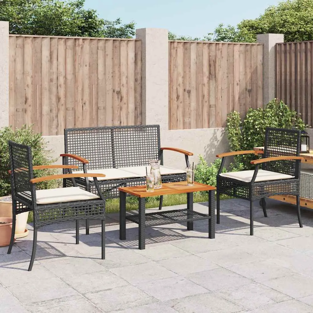 4 Piece Outdoor Garden Lounge Set Black Poly Rattan Patio Furniture with
