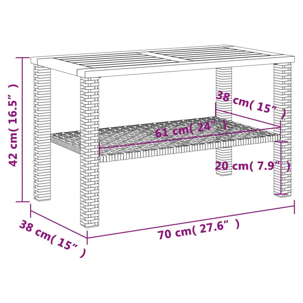 Garden Table Outdoor Patio Dining Furniture Poly Rattan Acacia Wood Top Black 70W x 38D x 42H cm