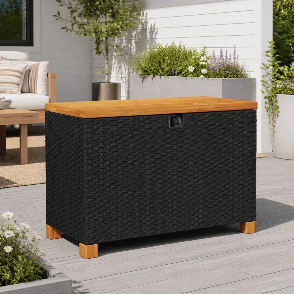 Garden Storage Box Dual Purpose 80x40x48cm Black PE Rattan Acacia Wood Top