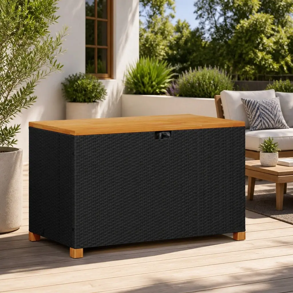 Garden Storage Box Bench Seat Black PE Rattan Acacia Wood Patio