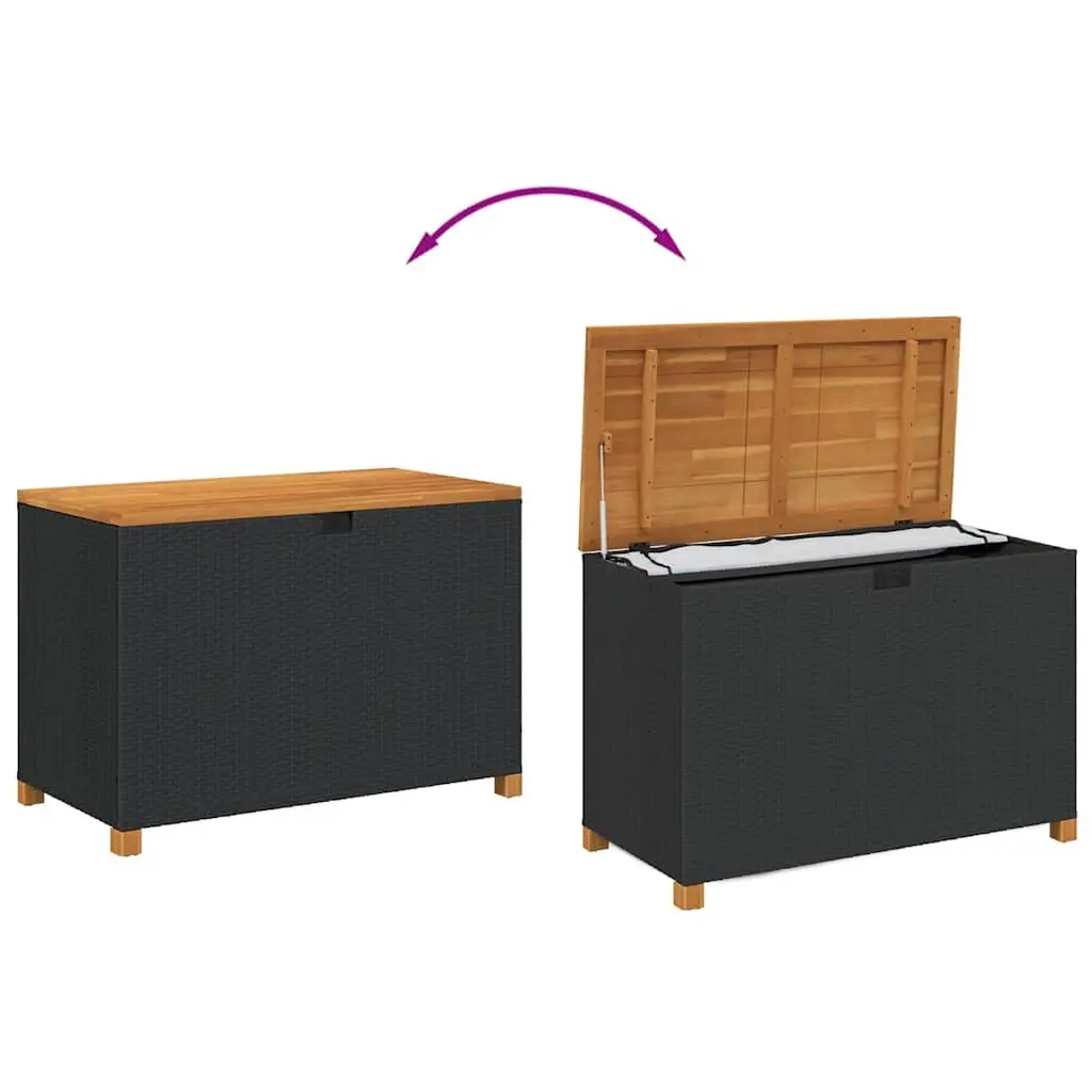Garden Storage Box Bench Seat Black PE Rattan Acacia Wood Patio