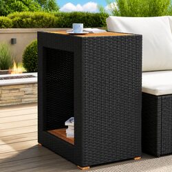 Garden Side Table Poly Rattan Frame Wooden Top Outdoor Patio Furniture Black