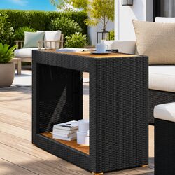 Garden Side Table Poly Rattan Black Outdoor Patio Coffee Table with Wooden Top