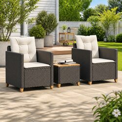 3 Piece Bistro Set Outdoor Garden Furniture Black Poly Rattan Cushioned Chairs