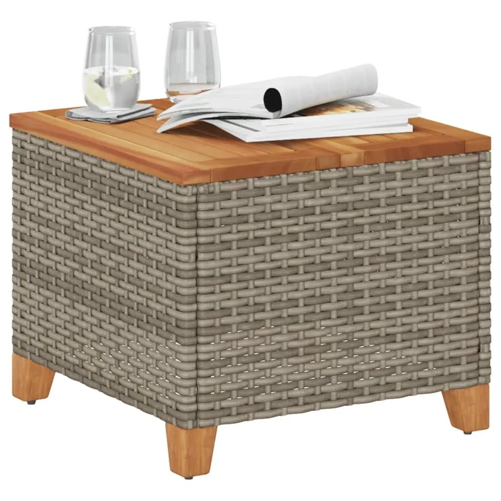 Garden Table Acacia Wood Top Grey 45x45x37cm PE Rattan Frame Outdoor Patio Furniture