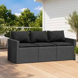 3-Seater Garden Sofa with Cushions Black Poly Rattan Outdoor Patio Furniture