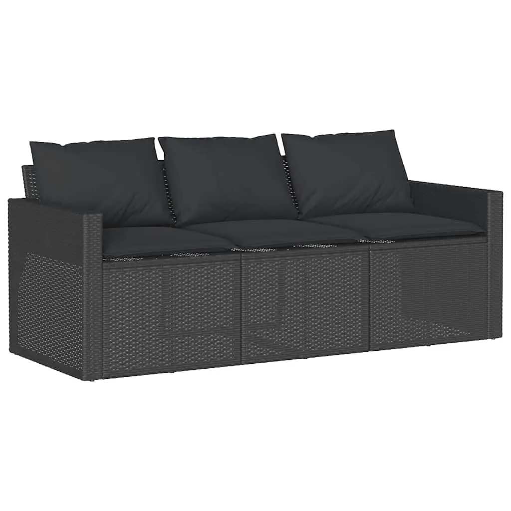 3-Seater Garden Sofa with Cushions Black Poly Rattan Outdoor Patio Furniture