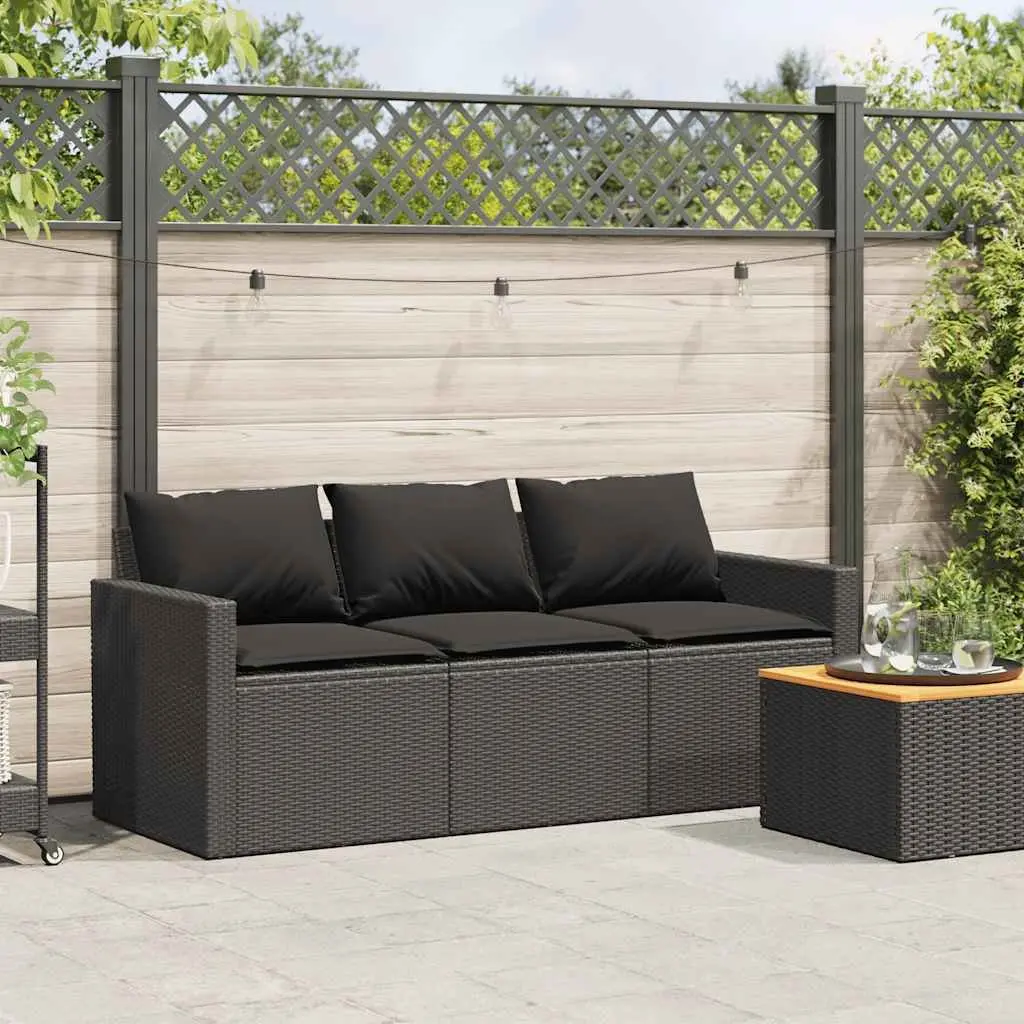 3-Seater Garden Sofa with Cushions Black Poly Rattan Outdoor Patio Furniture