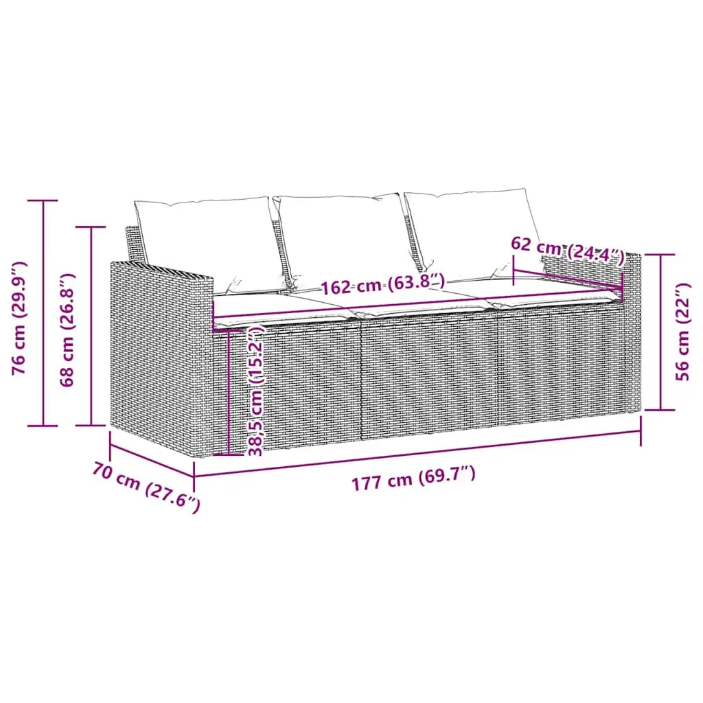 3-Seater Garden Sofa with Cushions Black Poly Rattan Outdoor Patio Furniture