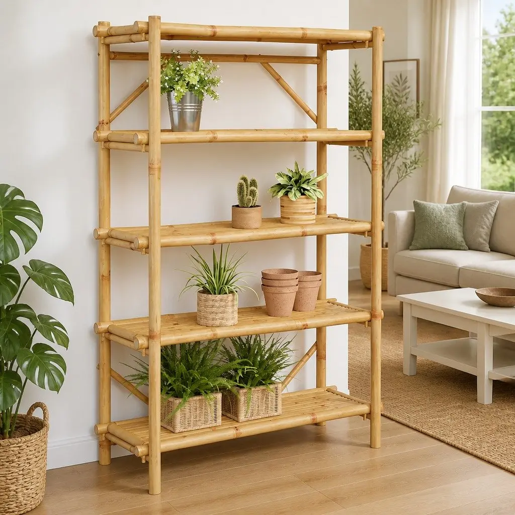 5-Layer Bamboo Storage Shelf Open Shelving Organiser 100x40x150 cm Brown