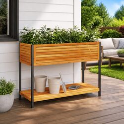 Garden Planter with Shelf 110x45x80 cm Wooden Acacia Steel Frame Patio Deck