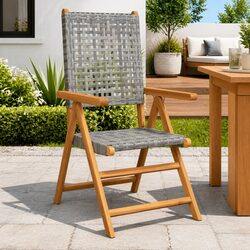 Outdoor Garden Chairs 2pc Grey Acacia Wood PE Rattan Folding Reclining Seating