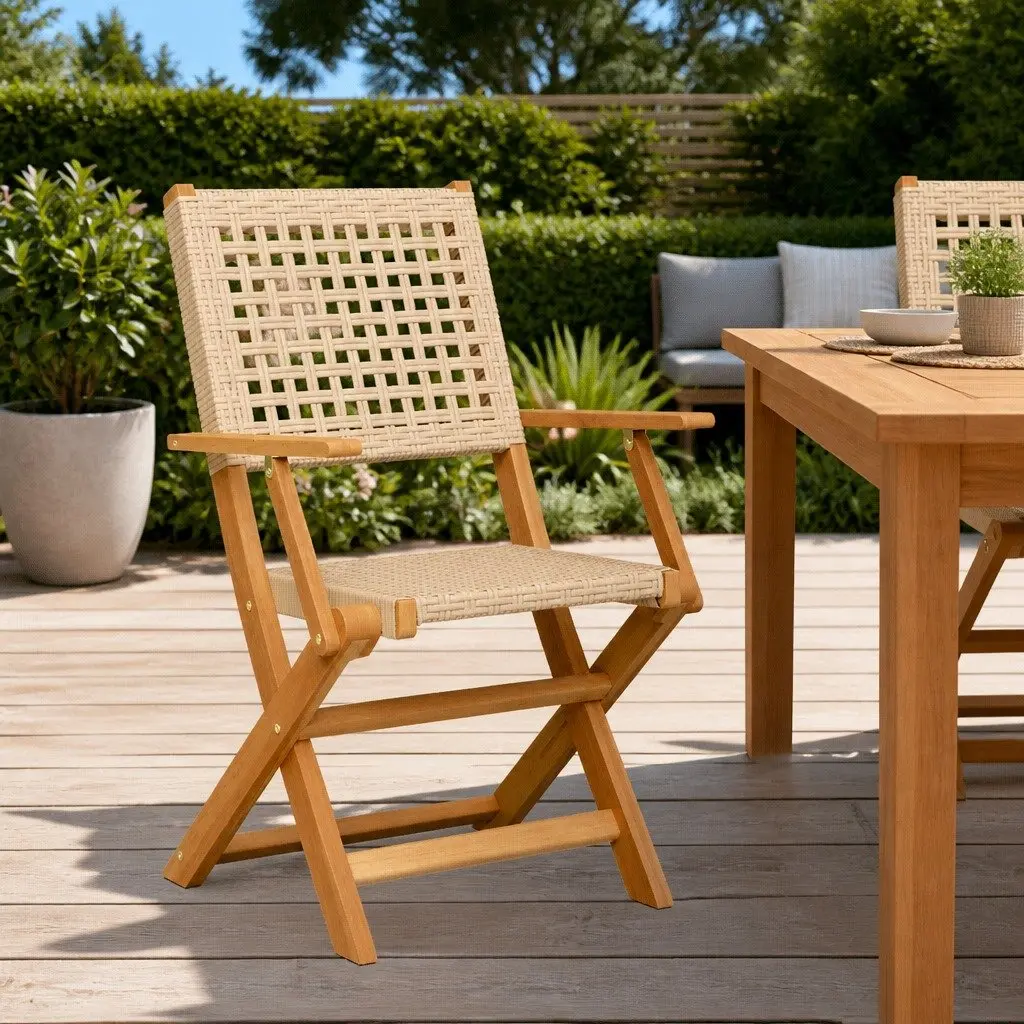 Outdoor Chairs Foldable 2 pcs Beige Acacia Wood Poly Rattan