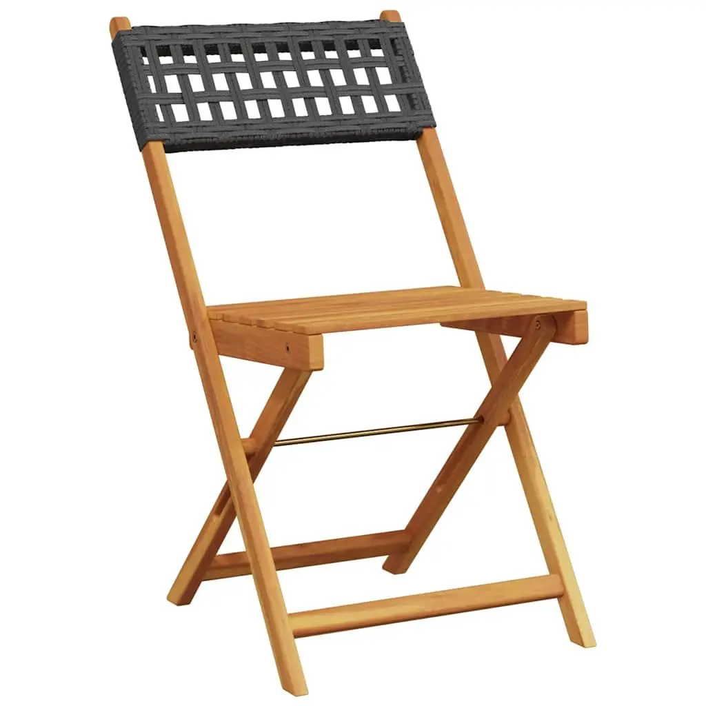Bistro Chairs Set Foldable Black Outdoor Seating Acacia Wood and Poly Rattan
