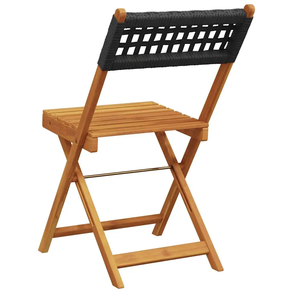 Bistro Chairs Set Foldable Black Outdoor Seating Acacia Wood and Poly Rattan