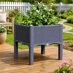 Garden Planter Box with Legs Grey Rattan Look Outdoor Patio Raised Plant Pot