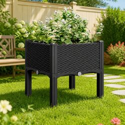 Garden Planter Box with Legs Black 40x40x42cm Outdoor Patio Elevated Rattan