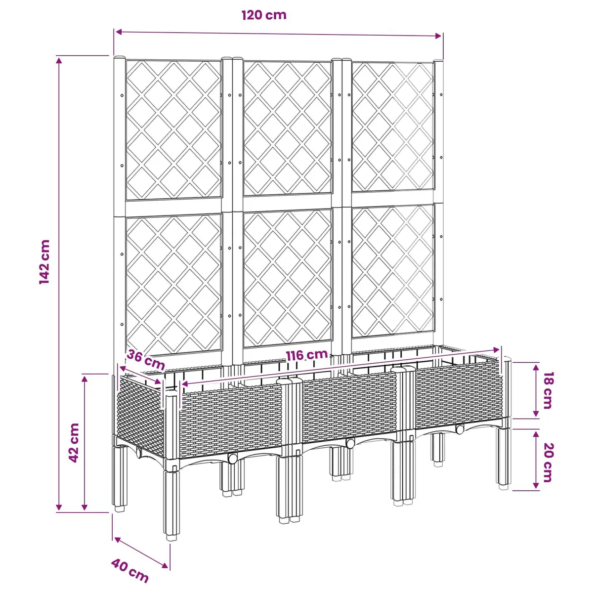 Garden Planter with Trellis Integrated Support 120x40x142cm Black