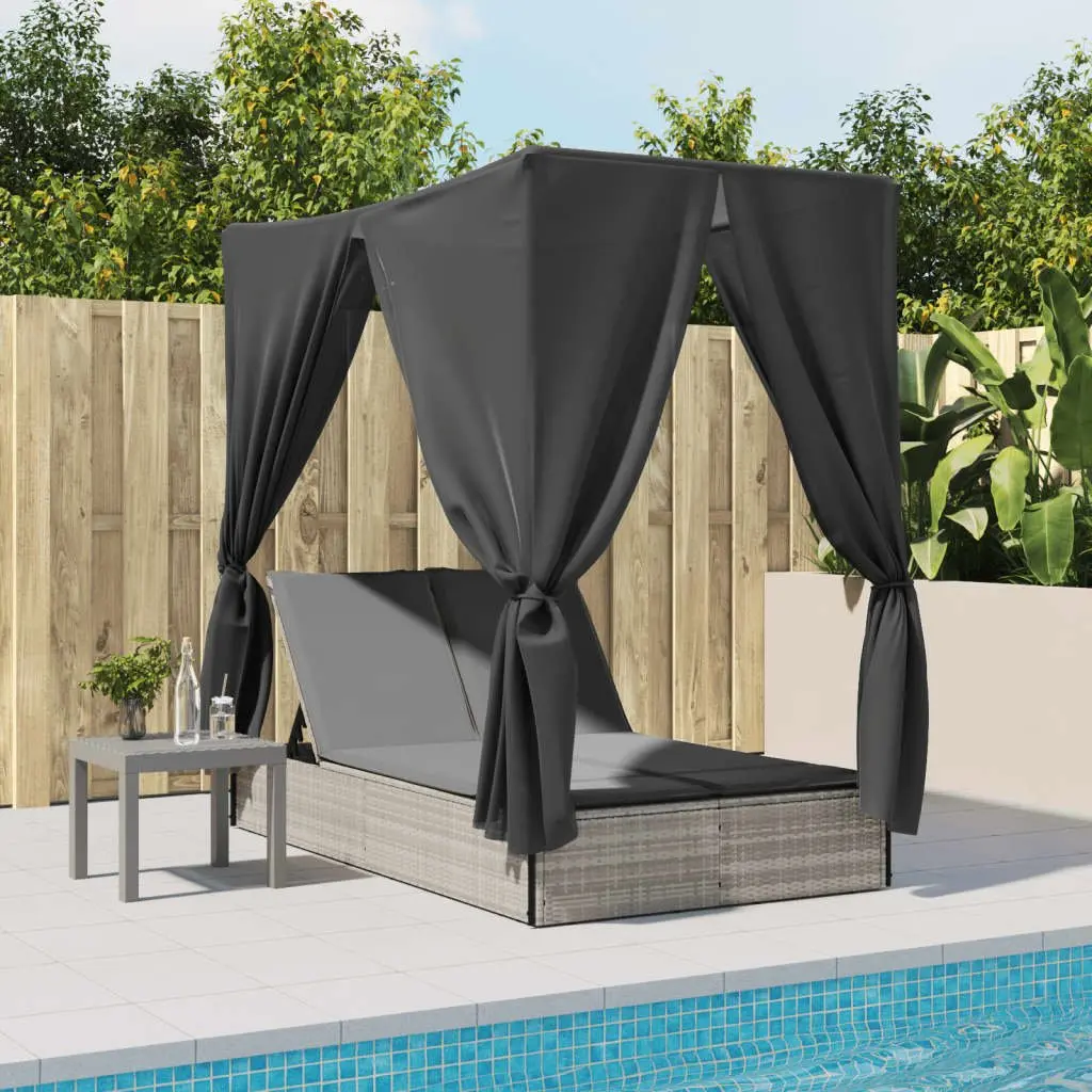 Double Sun Lounger Adjustable Backrest Roof Curtains Grey PE Rattan