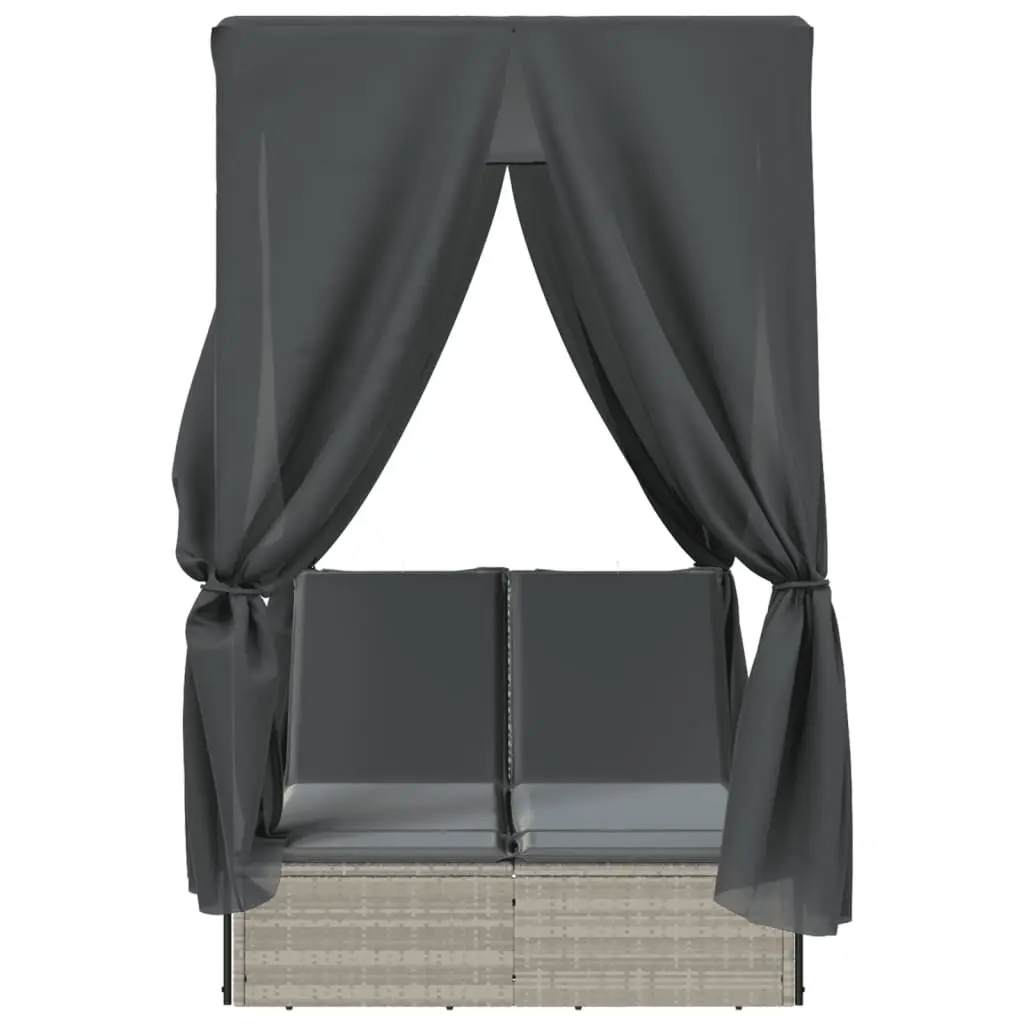 Double Sun Lounger Adjustable Backrest Roof Curtains Grey PE Rattan