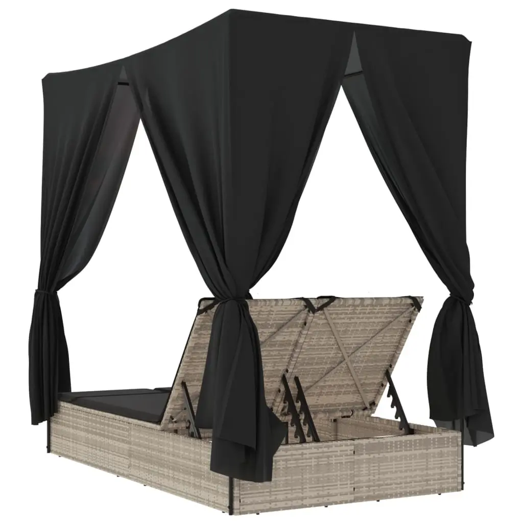 Double Sun Lounger Adjustable Backrest Roof Curtains Grey PE Rattan