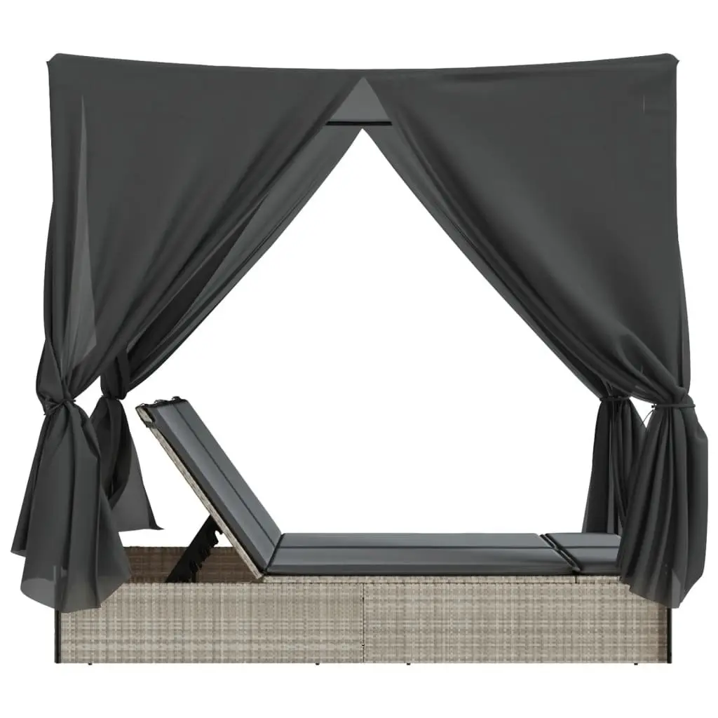 Double Sun Lounger Adjustable Backrest Roof Curtains Grey PE Rattan