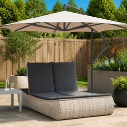 Double Sun Lounger Grey Poly Rattan Outdoor Furniture Adjustable Backrest