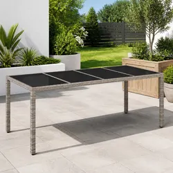 Garden Dining Table Poly Rattan Grey Outdoor Furniture Glass Top 190x90x75cm
