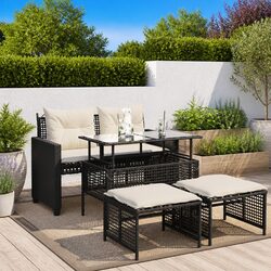 4 Piece Outdoor Garden Sofa Set Black Poly Rattan Sectional with Glass Table