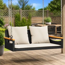 Outdoor Swing Bench with Cushions Black Poly Rattan Garden Hanging Seat