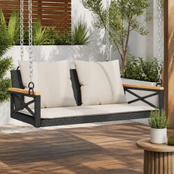 Swing Bench with Cushions Black Outdoor Garden Seating Poly Rattan Hanging Chair