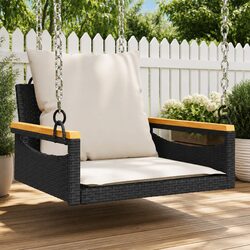 Outdoor Swing Bench with Cushions Black Poly Rattan Hanging Garden Seating