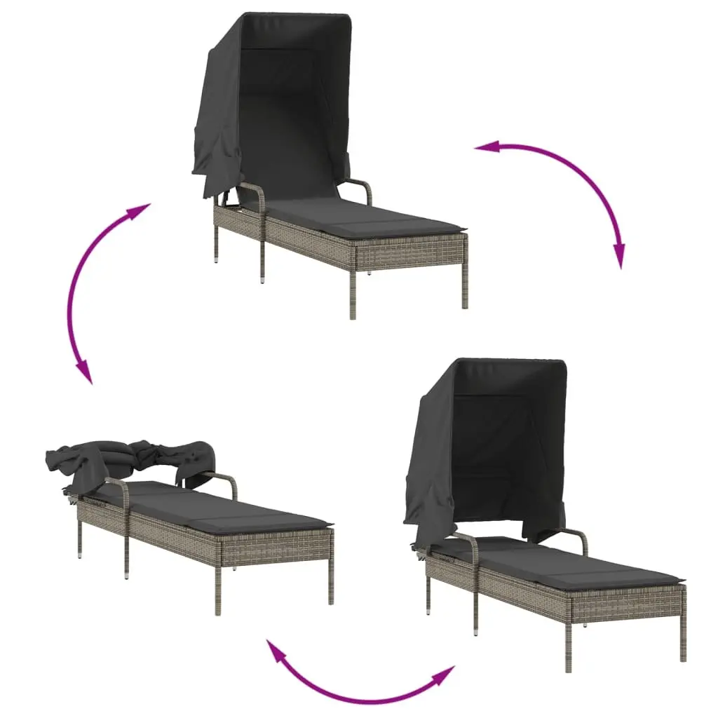 Sun Lounger Adjustable Backrest Retractable Canopy Grey PE Rattan Outdoor Reclining