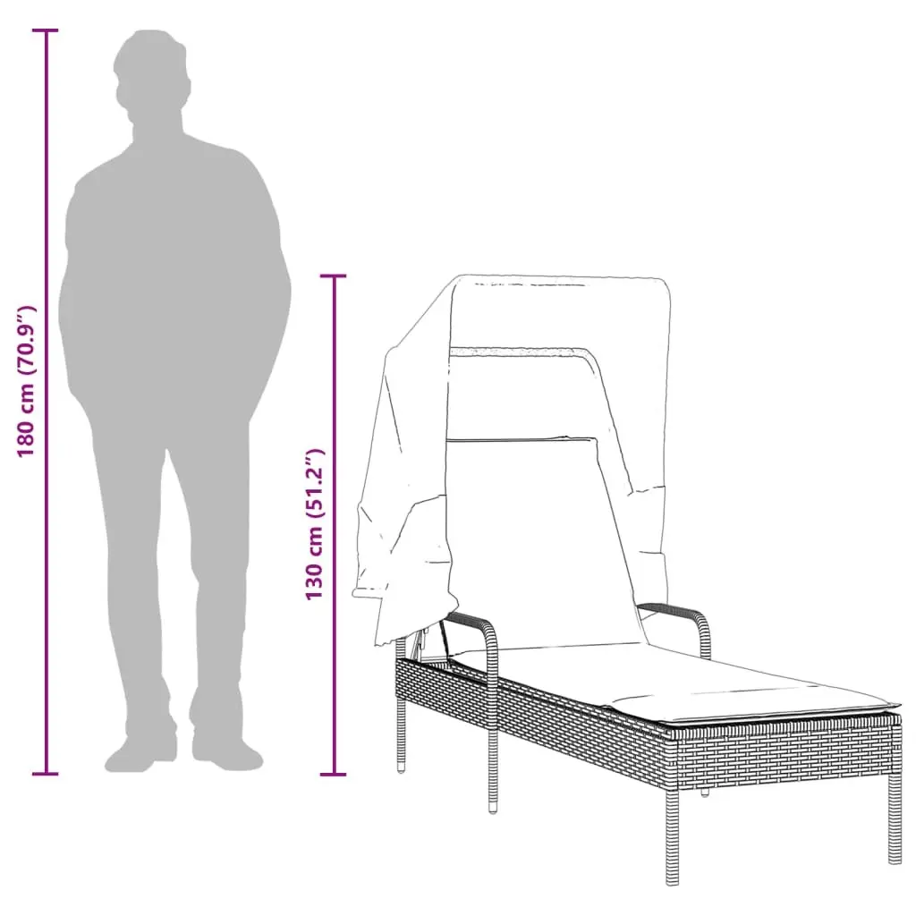 Sun Lounger Adjustable Backrest Retractable Canopy Grey PE Rattan Outdoor Reclining