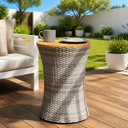 Garden Side Table Drum Shape Grey Outdoor Furniture Patio Rattan Wood Top