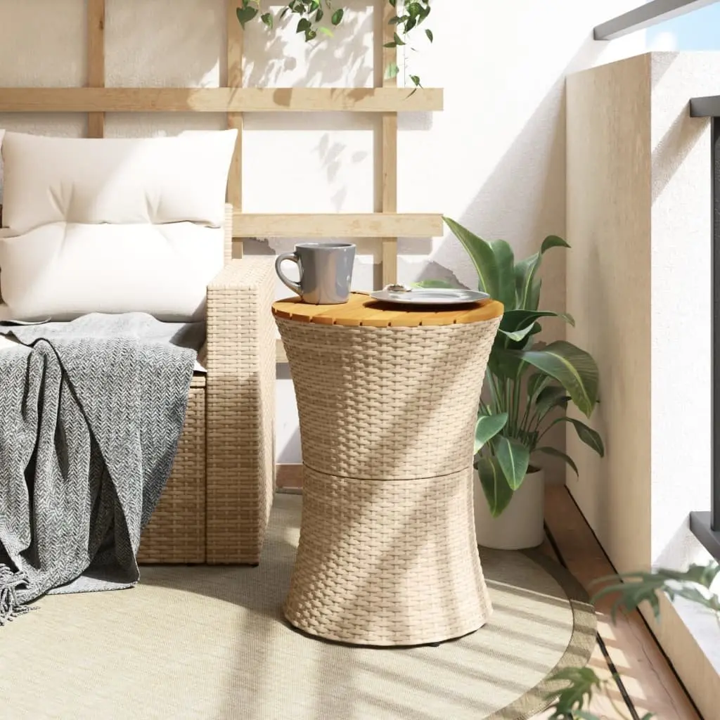 Garden Side Table Drum Shape Weather Resistant Beige PE Rattan Acacia Wood