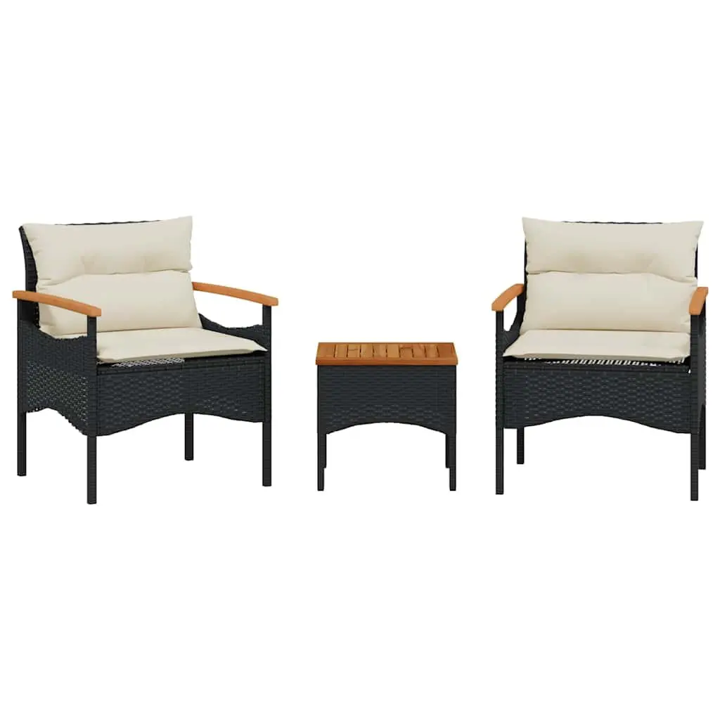 3 Piece Outdoor Garden Sofa Set with Cushions Black Poly Rattan Patio Furniture