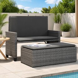 Garden Bench 2-in-1 Outdoor Loveseat Sofa Bed with Cushions Footstool Grey