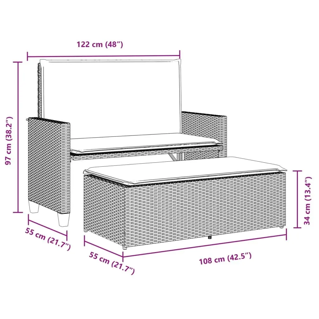 Garden Bench 2-in-1 Outdoor Loveseat Sofa Bed Grey PE Rattan with Cushions