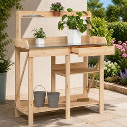 Potting Bench with Shelves and Drawer Solid Wood Garden Plant Stand Workbench