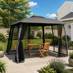Gazebo Outdoor Canopy 2.93 x 2.93m Double Roof Mesh Walls Anthracite Steel