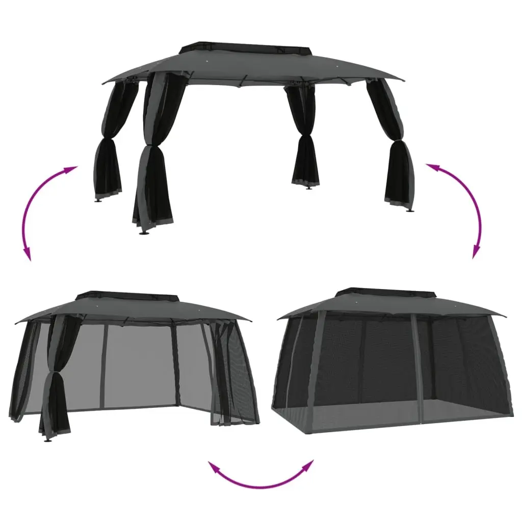 Gazebo with Double Roof and Mesh Walls Outdoor Garden Canopy Shelter 3.93x2.93m Anthracite Steel Frame Polyester Covering