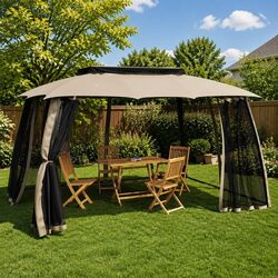 Gazebo with Double Roof Mesh Walls Outdoor Taupe 3.93x2.93m Steel Frame