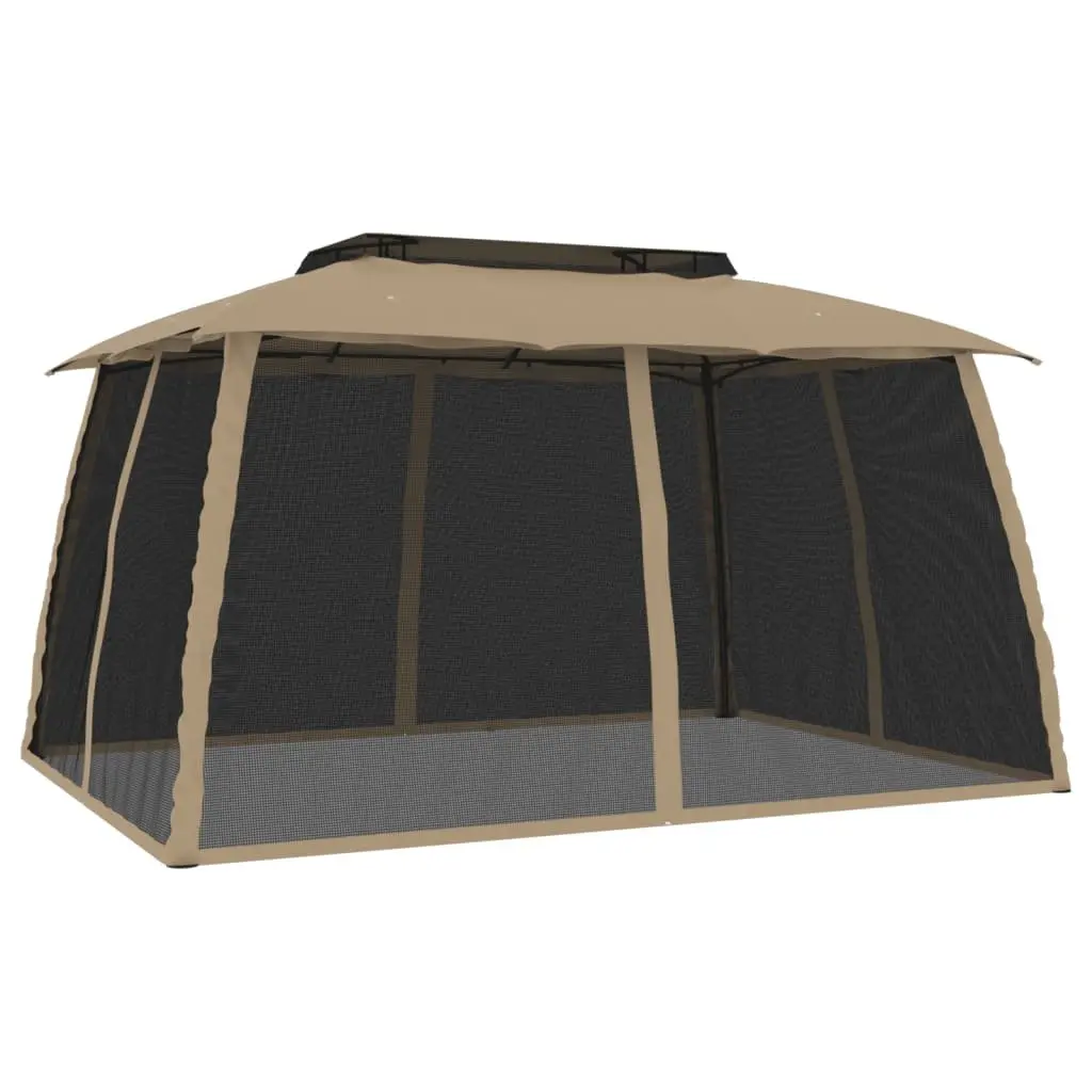 Gazebo with Double Roof Mesh Walls Outdoor Taupe 3.93x2.93m Steel Frame