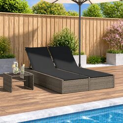 Double Sun Lounger Grey Outdoor Seating Recliner with Padded Cushions Garden