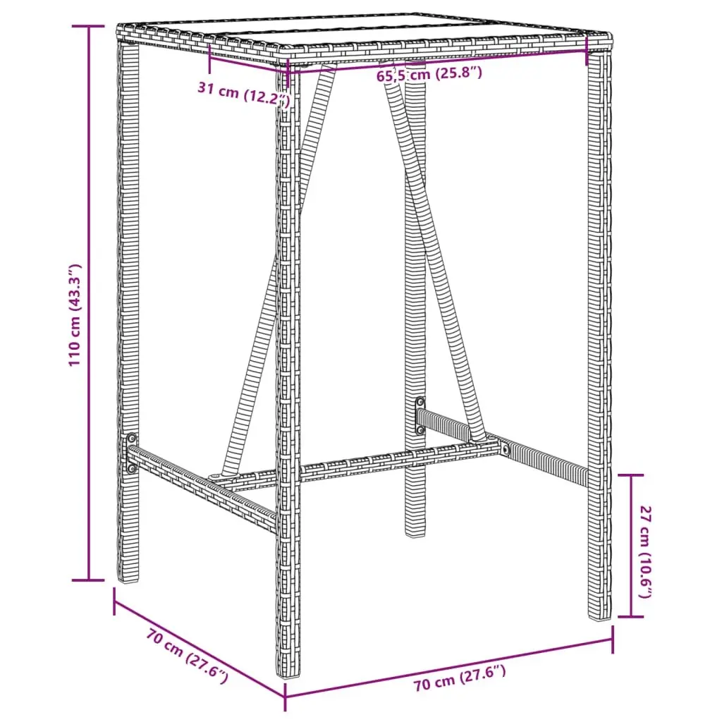 Outdoor Bar Table Grey 70x70x110 cm Poly Rattan Patio Garden Furniture