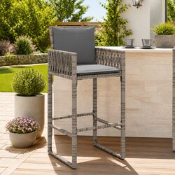 Outdoor Bar Stools with Cushions 2 pcs Grey Poly Rattan Garden Seating