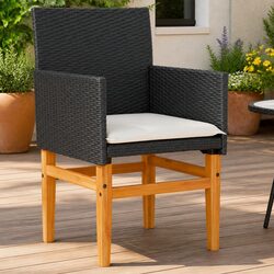 Garden Chairs with Cushions 2 Piece Set Outdoor Seating Black Poly Rattan Wood